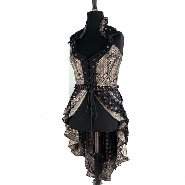 UK-M. Varuna Corset Dress in Silk Brocade with long body. Flamenco, Larp, Steampunk, Pagan, Fantasy, Gothic