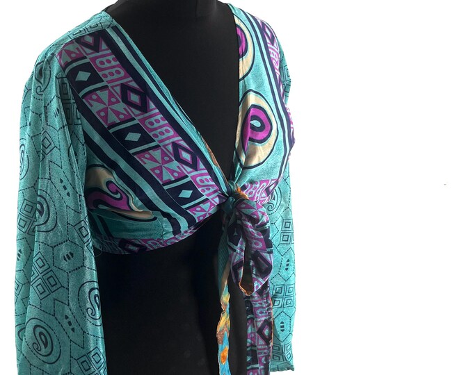 Joy Bell Sleeve Crop Top, Sari Summer Wrap, Handmade Silky, Light Hippy Style UK-2XL (SKU:573-10344)