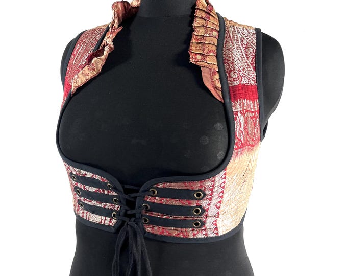 Underbust Corset Top; Ivy 3XL gold & red steampunk vest handmade in Vintage Silk Brocade (SKU:2176-10150)