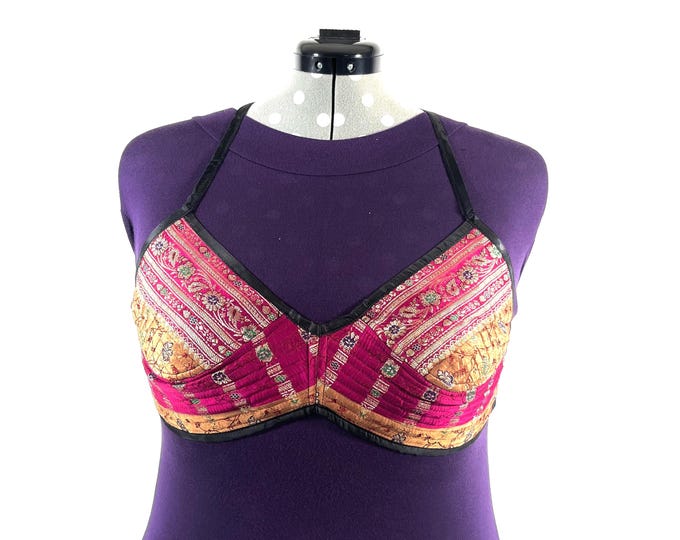 XL Gia Cross Strap Bra Top, Handmade in Vintage Silk Brocade (SKU:2164-10001)