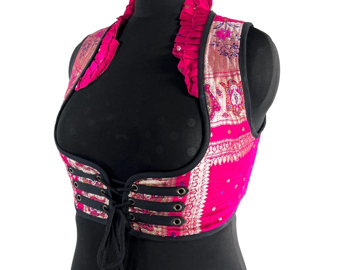 Underbust Corset Top; Ivy 3XL pink & silver steampunk vest handmade in Vintage Silk Brocade (SKU:2176-10158)