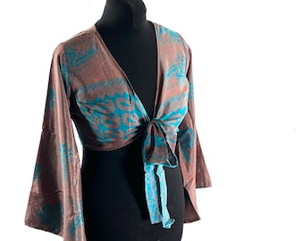 M/L Joy Bell Sleeve Crop Top; Sari Summer Wrap Top, handmade, silky, light (SKU:571-10293)