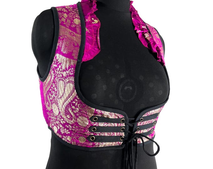 Underbust Corset Top; Ivy 3XL pink & silver steampunk vest handmade in Vintage Silk Brocade (SKU:2176-10157)