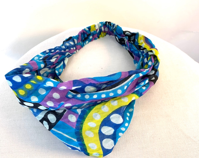 Childrens Blue Cotton Washable Headband Face Mask. bandana, scrunchies. FIT Head circumference 17” to 22”
