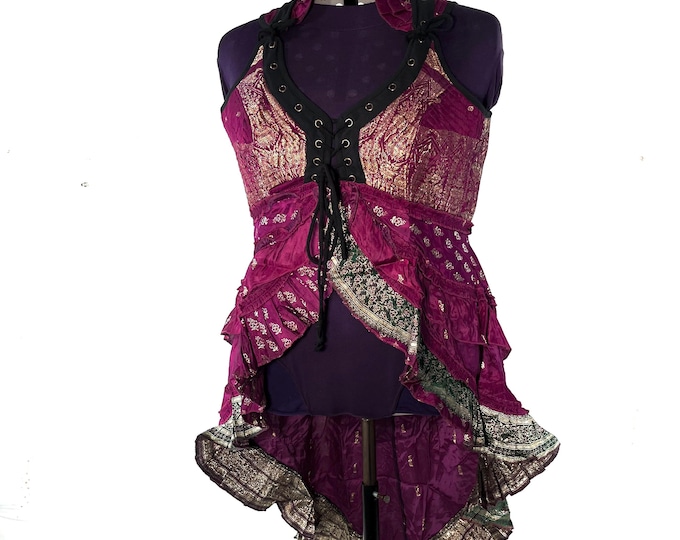 5XL. Sophia Corset Dress with Hi-Low tiered skirt in Silk brocade. Handmade Renaissance Festival Steampunk Unique SKU:2000-8481