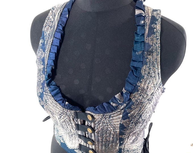 XL. Mia Waistcoat; Boho Top - Deep Blue & Silver - Vintage Silk Brocade  (SKU:2144-9694)