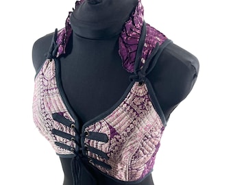 M. Fae Corset Top - Purple & Silver Bra Top - Vintage Silk Brocade  (SKU:3032-9741)