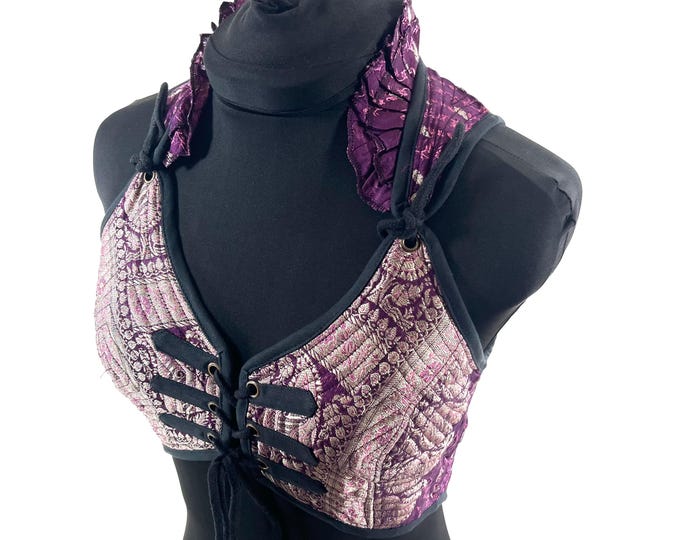 M. Fae Corset Top - Purple & Silver Bra Top - Vintage Silk Brocade  (SKU:3032-9741)