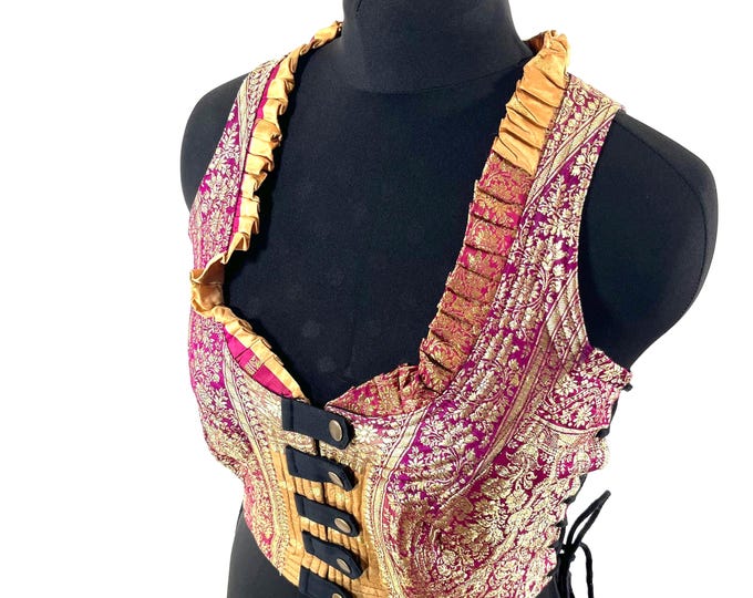 M. Mia Waistcoat; Boho Top - Pink & Gold - Vintage Silk Brocade  (SKU:2142-9677)