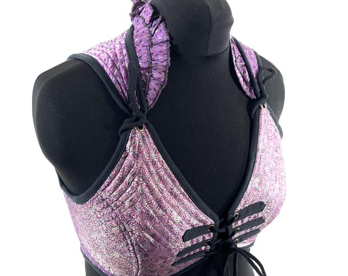 2XL. Fae Corset Top - Purple & Silver Bra Top - Vintage Silk Brocade  (SKU:3035-9787)