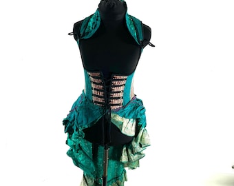 S Elisa Bustier Dress; Steampunk Under-bust Long Body Corset in Silk Brocade, (SKU:2004-10257)