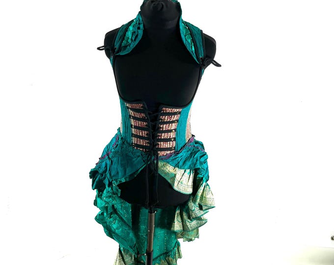 S Elisa Bustier Dress; Steampunk Under-bust Long Body Corset in Silk Brocade, (SKU:2004-10257)