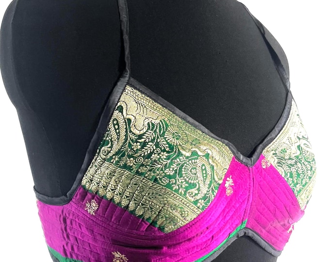 L Gia Cross Strap Bra Top, Handmade in Vintage Silk Brocade (SKU:2163-10035)