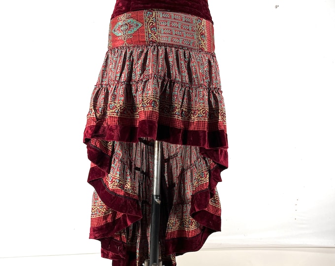 XL. Layla Bohemian High Low Skirt. Fits up to 50" (127cm) Silk Velvet Edged Boho Skirt. One Size Plus. SKU:734-8040