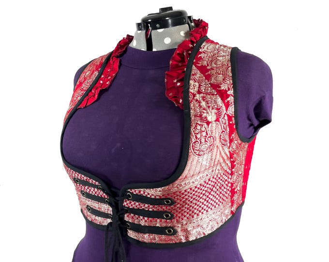Underbust Corset Top; Ivy 5XL red & silver steampunk vest handmade in Vintage Silk Brocade (SKU:2178-10174)