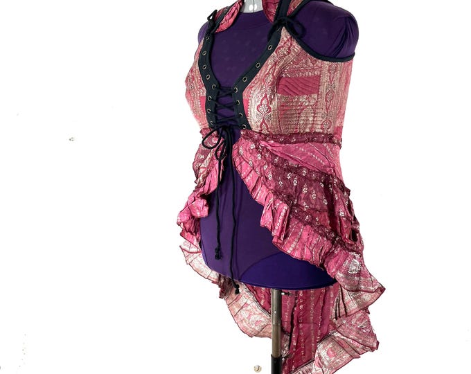2XL. Sophia Corset Dress with Hi-Low tiered skirt handmade in Silk brocade. Steampunk Ren Faire SKU:2000-8604