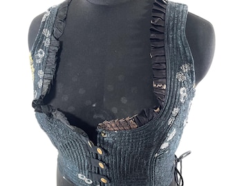 UK-3XL Mia Waistcoat; Boho Top - Black & Silver - Vintage Silk Brocade  (SKU:2146-9717)