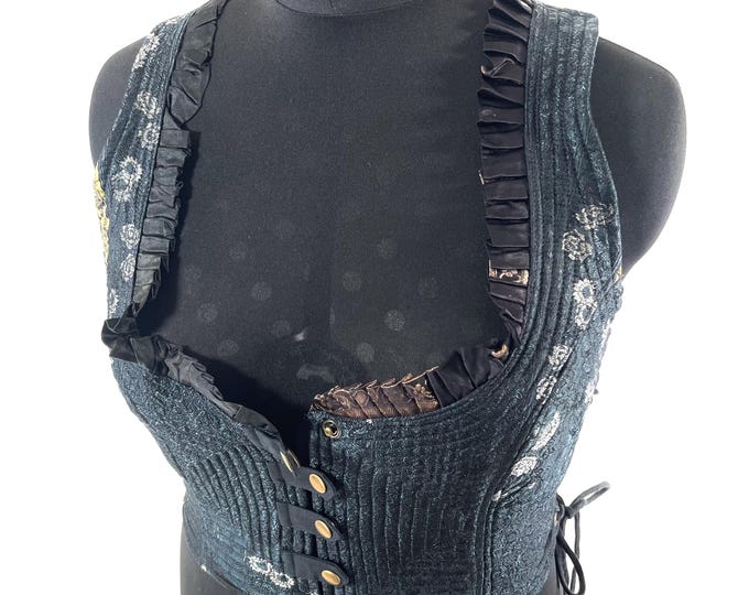 3XL. Mia Waistcoat; Boho Top - Black & Silver - Vintage Silk Brocade  (SKU:2146-9717)