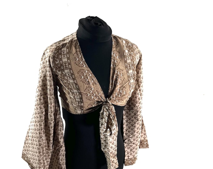 Joy Bell Sleeve Crop Top, Sari Summer Wrap, Handmade Silky, Light Hippy Style UK-S/M  (SKU:570-10312)