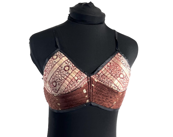 XS Gia Cross Strap Bra Top, Handmade in Vintage Silk Brocade (SKU:2160-10082)