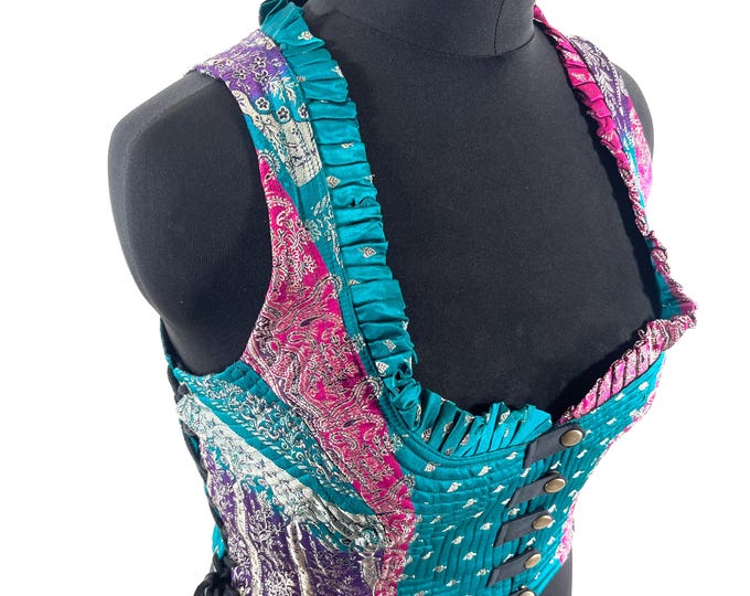 3XL. Mia Waistcoat; Boho Top - Pink & Blue - Vintage Silk Brocade  (SKU:2146-9719)