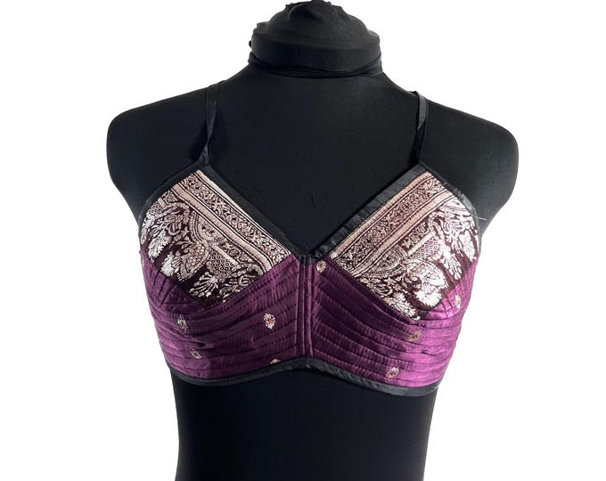 S Gia Cross Strap Bra Top, Handmade in Vintage Silk Brocade (SKU:2161-10077)