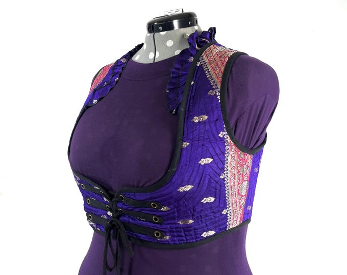 Underbust Corset Top; Ivy 4XL blue-purple & silver steampunk vest handmade in Vintage Silk Brocade (SKU:2177-10162)
