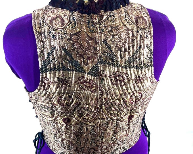 4XL. Mia Waistcoat; Boho Top - Gold Silver & Black - Vintage Silk Brocade  (SKU:2147-9726)