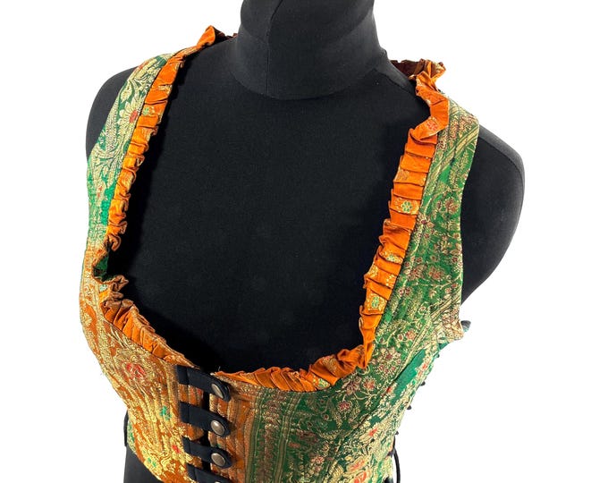 2XL. Mia Waistcoat; Boho Top - Orange & Green - Vintage Silk Brocade  (SKU:2145-9700)