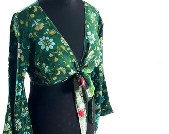 L/XL Joy Bell Sleeve Crop Top, Sari Summer Wrap, Handmade Silky, Light Hippy Style (SKU:572-10337)