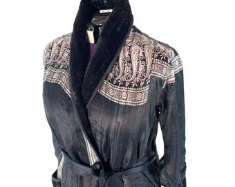 Long Silk Brocade Coat; Velvet Collar, black silver jacket (SKU:3081-8530)