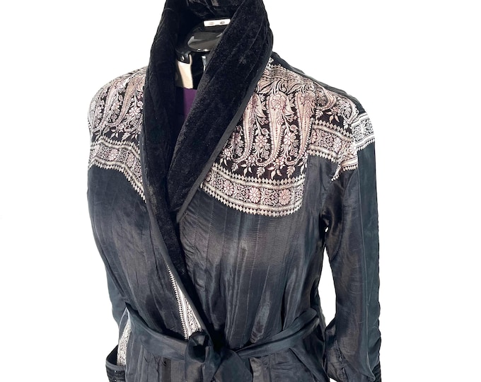A Long Vintage Silk Brocade Coat; High Velvet Collar, 3 pockets, black & silver unisex wrap jacket with belt SKU:3081-8530