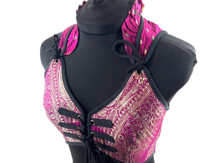M. Fae Corset Top - Pink & Silver Bra Top - Vintage Silk Brocade  (SKU:3032-9740)