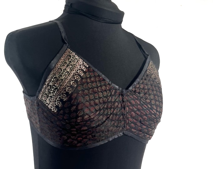 M Gia Cross Strap Bra Top, Handmade in Vintage Silk Brocade (SKU:2162-10045)