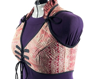 6XL. Fae Corset Top - Pink  & Silver Bra Top - Vintage Silk Brocade  (SKU:3038-9816)