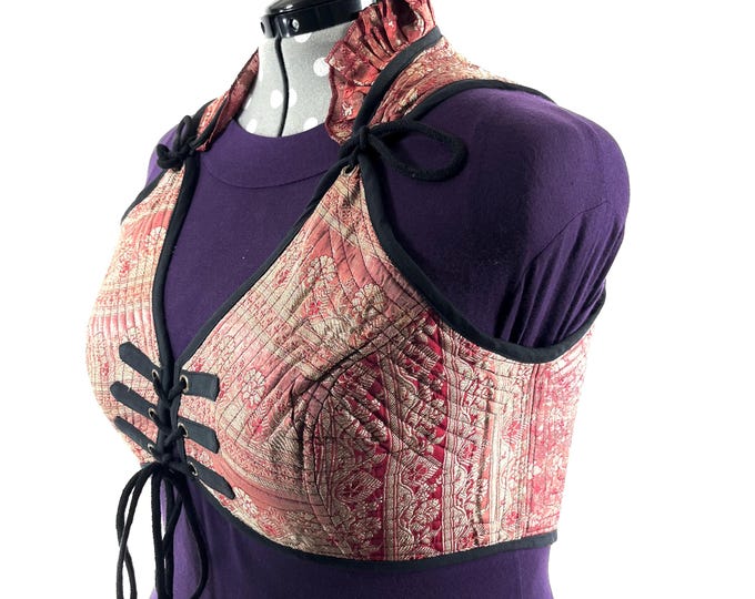 6XL. Fae Corset Top - Pink  & Silver Bra Top - Vintage Silk Brocade  (SKU:3038-9816)