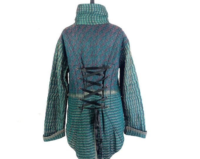2XL. Blue Silk Brocade Tailcoat - Pirate Highwayman - Fleece Lined (SKU:549-1676).