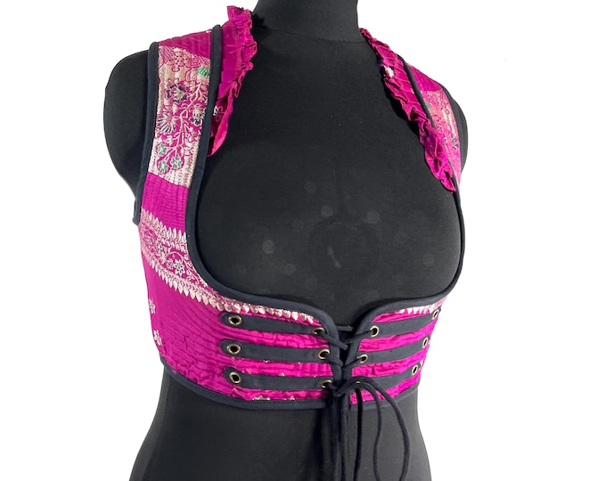 Underbust Corset Top; Ivy XL Pink & Gold steampunk vest handmade in Vintage Silk Brocade (SKU:2174-10135)