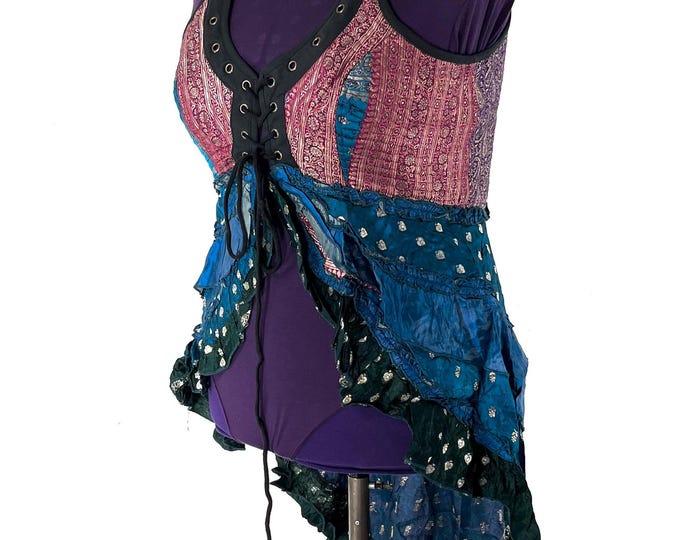 4XL. Sophia Corset Dress with Hi-Low tiered skirt in Silk brocade. Handmade Renaissance Festival Steampunk SKU:2000-8577