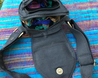 Black Elven Lotus Flower Money belt. Tough Cotton Hip-bag . Fanny pack with 3 zipped pockets, 1 of which is inside