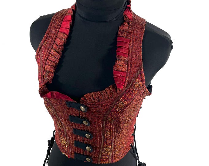 S. Mia Waistcoat; Boho Top - Orange & Red - Vintage Silk Brocade  (SKU:2141-9662)