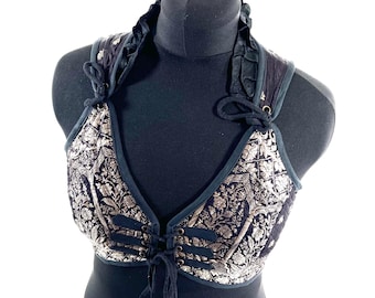 2XL. Fae Corset Top - Black & Silver Bra Top - Vintage Silk Brocade  (SKU:3035-9781)