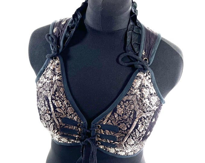 2XL. Fae Corset Top - Black & Silver Bra Top - Vintage Silk Brocade  (SKU:3035-9781)