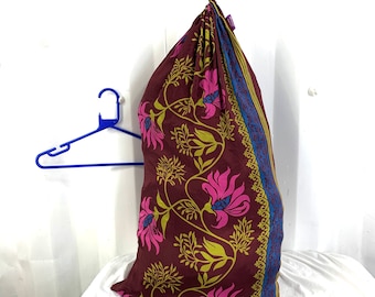 Christmas Stocking Fabric Gift Wrap Bag 18"x34" Vintage Silk Drawstring Bag. Santa sack. Reusable Gift Wrap. 43cm x 83cm