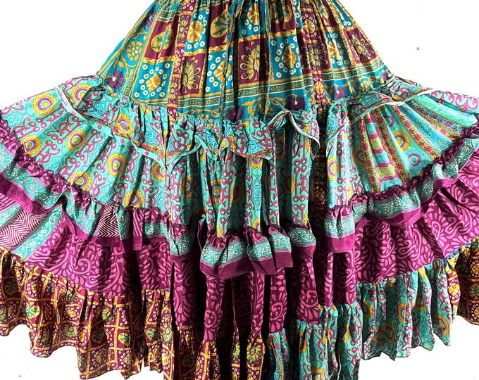 Jazmyn XL 25 Yard Skirt handmade in Vintage Summer Silk, Maxi Plus Size; (30"-60" Waist) a Boho Cottagecore skirt  SKU:737-8979
