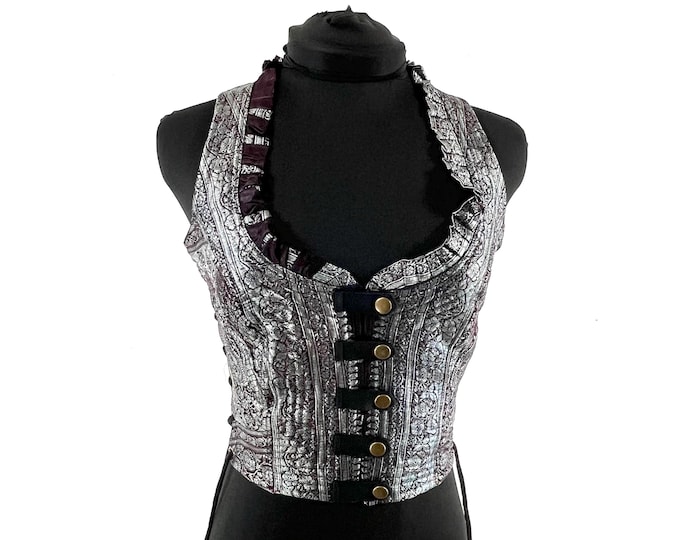 S. Mia Waistcoat; Boho Top - Maroon & Silver - Vintage Silk Brocade  (SKU:2141-9659)