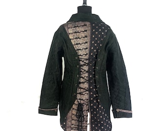 XL. Silk Brocade Black Tailcoat. Unisex & Unique. Steampunk, Gothic, Goth. Fleece lined. Corsetage at back