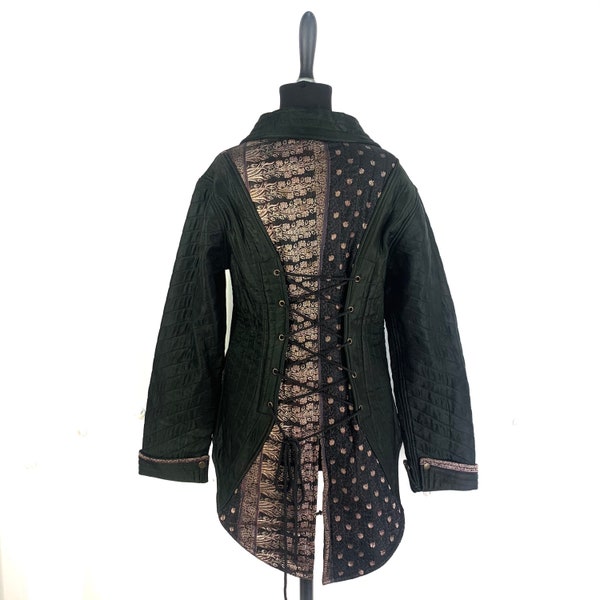 Tailcoat en brocart de soie noir UK-XL. Unisexe et unique. Steampunk, gothique, gothique. Doublure polaire. Corset dans le dos