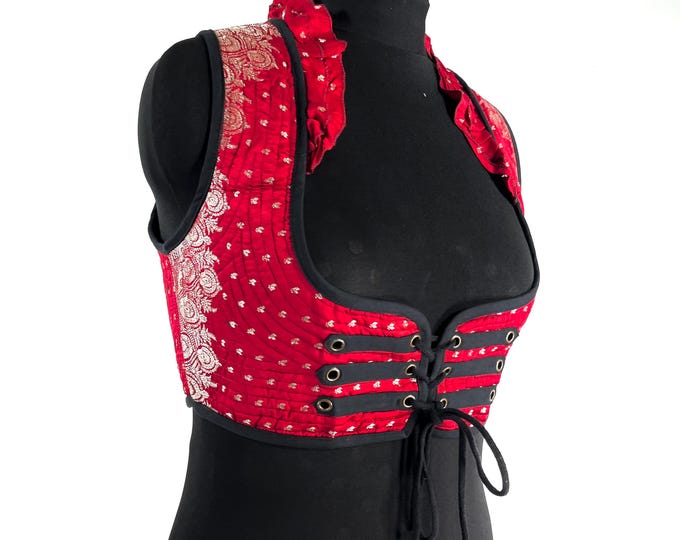 Underbust Corset Top; Ivy 2XL red & silver steampunk vest handmade in Vintage Silk Brocade (SKU:2175-10143)