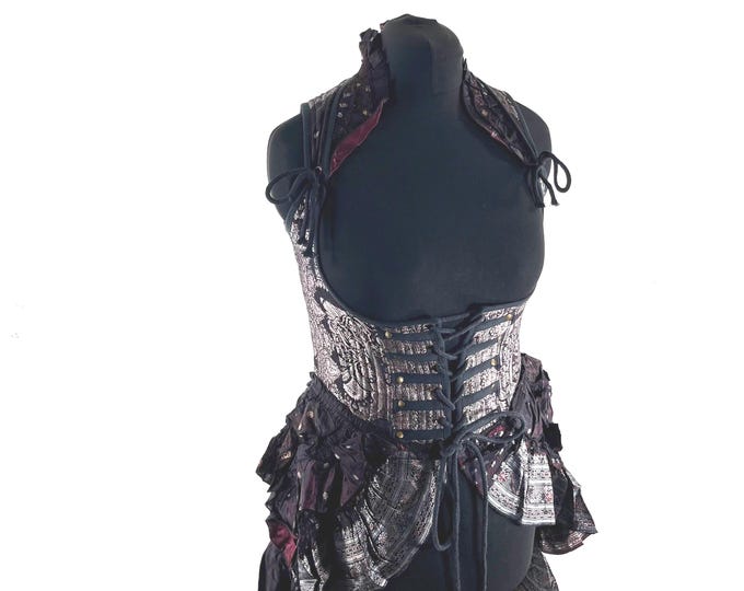 Elisa Bustier Dress; Steampunk Under-bust Long Body Corset in Silk Brocade, UK-XL (SKU:2004-10246)